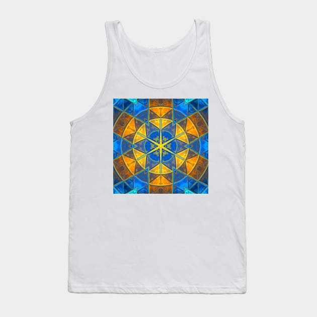 Mosaic Kaleidoscope Flower Blue and Yellow Tank Top by WormholeOrbital